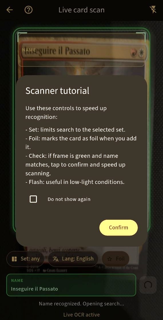 BinderVault card scanner screen capturing a trading card