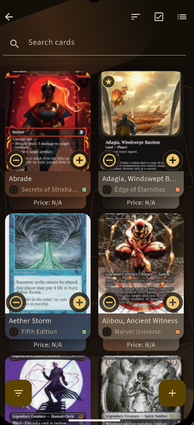 BinderVault trade list and collection screen